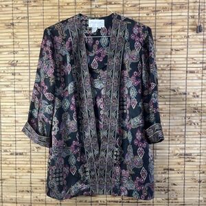 Vtg Black Purple Paisley Brocade Tapestry Kimono Coverup Duster Elegant Sz 16P